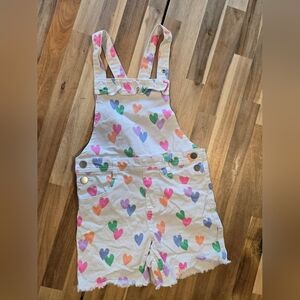 Kids 365 Multicolor Heart Print White Denim Overall Shorts W/ Frayed Hem Size 7